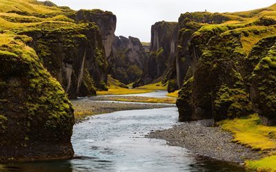 Kanyon, u&#231;urum, nehir, tepeler, İzlanda, Fjadrargljufur