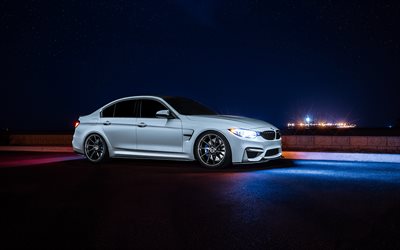 F80, BMW M3, nightscapes, 2017 arabalar, tuning, beyaz M3, Alman otomobil, BMW