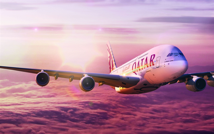 ايرباص A380, طائرة ركاب, السماء, غروب الشمس, السفر الجوي, الخطوط الجوية القطرية