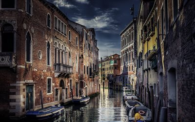4k, Veneza, canal, barcos, gondolas, hidrovia, Europa, It&#225;lia