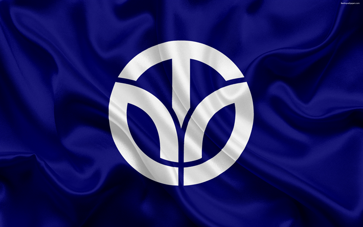 Flag of Fukui Prefecture, Japan, 4k, dark blue silk flag, symbols, Fukui, emblem, symbols of Japanese prefectures