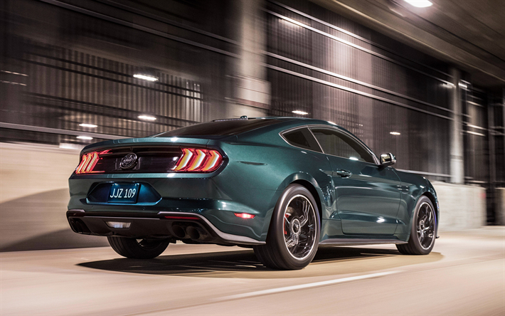 Ford Mustang, Bullitt, 2019, green tuning coupe, road, speed, green Mustang, Ford