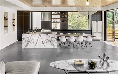 kitchen, modern interior, large table, stylish interior design