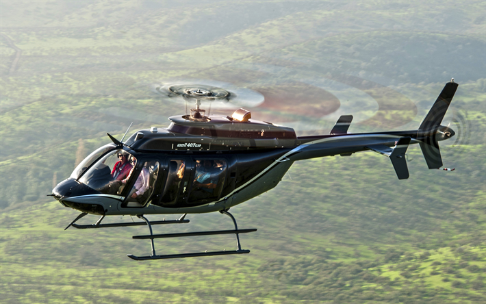 Bell 407GXP, 4k, o passageiro do helic&#243;ptero, voo, Bell Helicopter