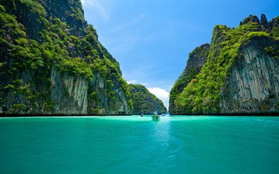 タイ, 熱帯の島, 夏旅, ボート, 海, 岩