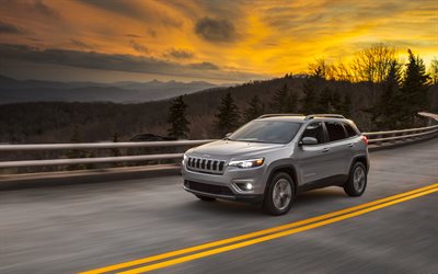 Jeep Cherokee, 4k, tie, 2018 autoja, motion blur, Katumaasturit, uusi Cherokee, Jeep