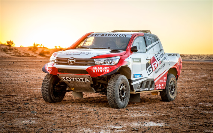 Toyota Hilux, 2018, coucher de soleil, Dakar 2018, le d&#233;sert, le sable, les voitures de rallye