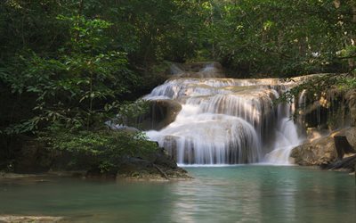 waterfall, rain forest, lake, jungle, Thailand