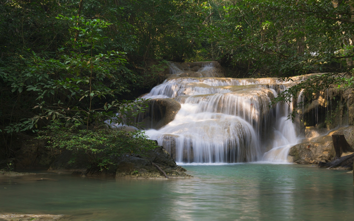 vattenfall, regnskogen, sj&#246;n, djungel, Thailand