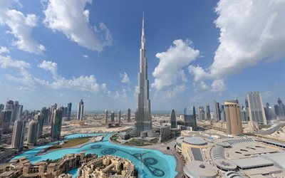 4k, Burj Khalifa, panorama, modern binalar, şehir, Birleşik Arap Emirlikleri, g&#246;kdelenler, Dubai