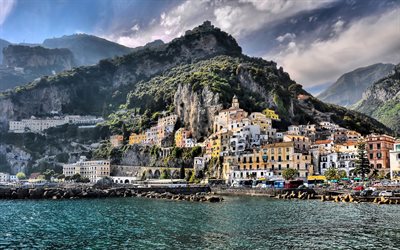 Amalfi, laituri, meri, rannikolla, kes&#228;ll&#228;, HDR, Italia, Euroopassa