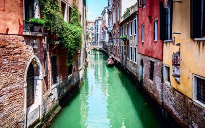 البندقية, الصيف, قناة, إيطاليا, البلدة القديمة, القارب, السياحة, البيوت القديمة