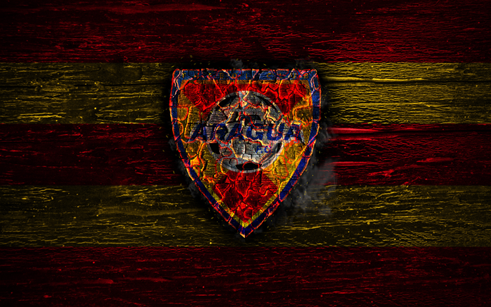 Aragua FC, fire logo, La Liga FutVe, red and yellow lines, Venezuelan football club, grunge, Venezuelan Primera Division, football, soccer, Aragua logo, wooden texture, Venezuela