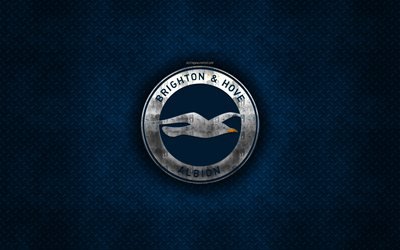 Brighton Hove Albion FC, English football club, blue metal texture, metal logo, emblem, Brighton and Hove, England, Premier League, creative art, football