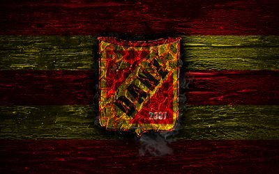 Deportivo Anzoategui FC, fire logo, La Liga FutVe, red and yellow lines, Venezuelan football club, grunge, Venezuelan Primera Division, football, soccer, Deportivo Anzoategui logo, wooden texture, Venezuela
