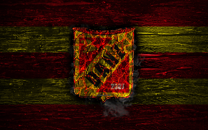 Deportivo Anzoategui FC, fire logo, La Liga FutVe, red and yellow lines, Venezuelan football club, grunge, Venezuelan Primera Division, football, soccer, Deportivo Anzoategui logo, wooden texture, Venezuela