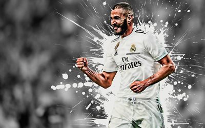 Karim Benzema, 4k, French football player, Real Madrid, striker, white paint splashes, creative art, La Liga, Spain, football, grunge, Benzema