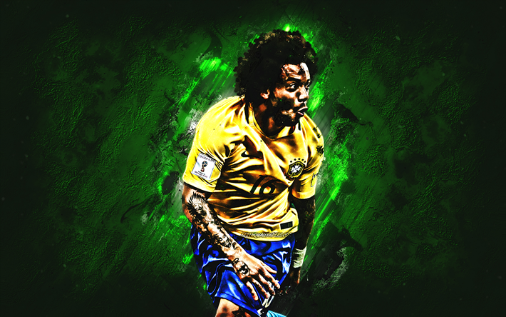 Marcelo, pietra verde, Squadra Nazionale del Brasile, stelle del calcio, Marcelo Vieira da Silva Junior, calcio, grunge, squadra di calcio Brasiliana