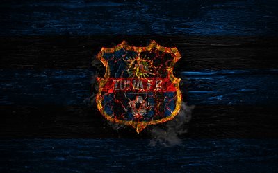 Zulia FC, fire logo, La Liga FutVe, blue and black lines, Venezuelan football club, grunge, Venezuelan Primera Division, football, soccer, Zulia logo, wooden texture, Venezuela