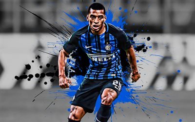 Dalbert, 4k, Brazilian football player, Inter Milan FC, defender, blue-black paint splashes, Internazionale FC, creative art, Serie A, Italy, football, grunge, Dalbert Henrique