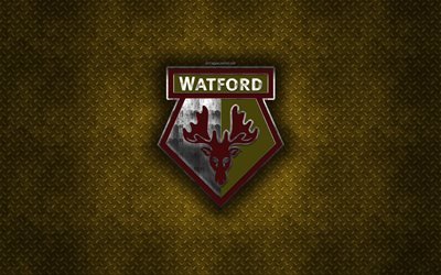 Watford FC, Clube de futebol ingl&#234;s, metal amarelo, textura, logotipo do metal, emblema, Watford, Inglaterra, Premier League, arte criativa, futebol