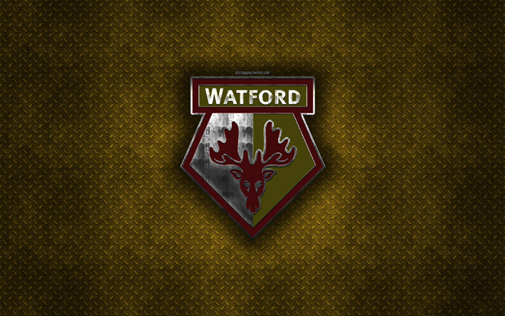 Watford FC, Engelska football club, gul metall textur, metall-logotyp, emblem, Watford, England, Premier League, kreativ konst, fotboll