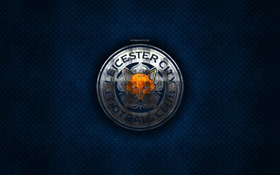Leicester City FC, LCFC, Englannin football club, sininen metalli tekstuuri, metalli-logo, tunnus, Leicester, Englanti, Premier League, creative art, jalkapallo