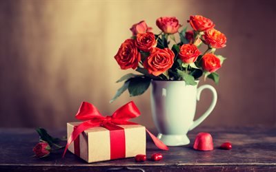Il giorno di san valentino, rose rosse, regalo, rosso, fiocco seta, romanticismo