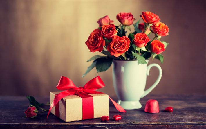 عيد الحب, الورود الحمراء, هدية, الحرير الأحمر القوس, الرومانسية