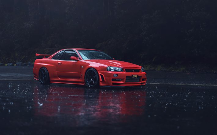 Nissan Skyline R34 GT-R, red sports coupe, black wheels, red Nissan Skyline, R34, japanese sports cars, Nissan