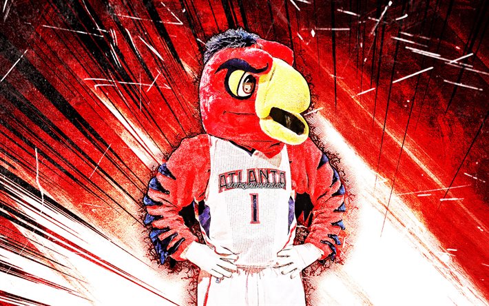 4k, Harry the Hawk, arte grunge, mascote, Atlanta Hawks, raios abstratos vermelhos, NBA, mascote Atlanta Hawks, mascotes da NBA, mascote oficial, mascote Harry the Hawk