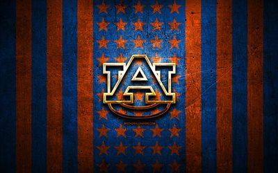 Auburn Tigers flag, NCAA, orange blue metal background, american football team, Auburn Tigers logo, USA, american football, golden logo, Auburn Tigers