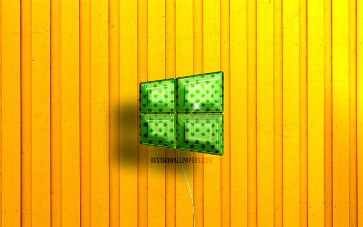 Windows 103Dロゴ, 4K, 緑のリアルな風船, 黄色の木製の背景, Microsoft Windows 10, OS, Instagramのロゴ
