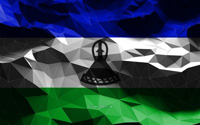 4k, drapeau du Lesotho, art low poly, pays africains, symboles nationaux, drapeaux 3D, Lesotho, Afrique, drapeau 3D du Lesotho