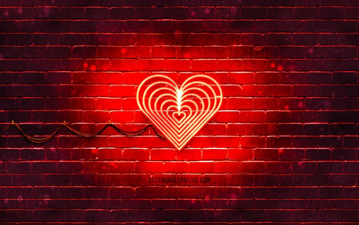 ネオンアイコンが大好き, 4k, 赤い背景, ネオン記号, 好き, creative クリエイティブ, ネオンアイコン, 愛のサイン, ハートアイコン, 愛の兆候, 愛のアイコン, 愛の概念
