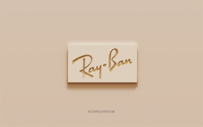 Logo Ray-Ban, sfondo marrone in gesso, logo 3d Ray-Ban, marchi, emblema Ray-Ban, arte 3d, Ray-Ban