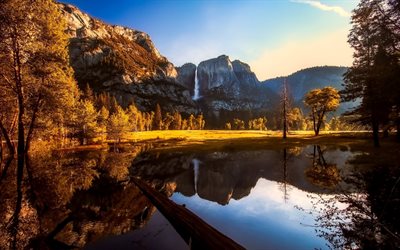 Parco nazionale di Yosemite, autunno, montagne, cascate, paesaggi serali, California, America, USA, bellissima natura