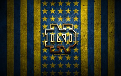 Notre Dame Fighting Irish bayrağı, NCAA, mavi sarı metal arka plan, amerikan futbol takımı, Notre Dame Fighting Irish logosu, ABD, amerikan futbolu, altın logo, Notre Dame Fighting Irish