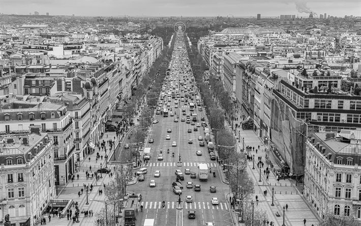 Paris, Champs Elysees, monokrom, Paris&#39;in eski fotoğrafları, retro fotoğraf, Champs Elysees eski fotoğrafları, Fransa
