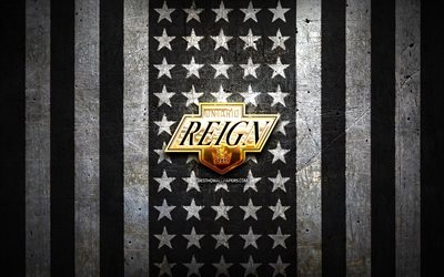 Ontario Reign-lippu, AHL, valkoinen mustan metallin tausta, amerikkalainen j&#228;&#228;kiekkojoukkue, Ontario Reign-logo, USA, j&#228;&#228;kiekko, kultainen logo, Ontario Reign