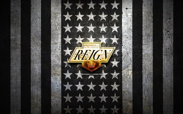 Ontario Reign flag, AHL, white black metal background, american hockey team, Ontario Reign logo, USA, hockey, golden logo, Ontario Reign