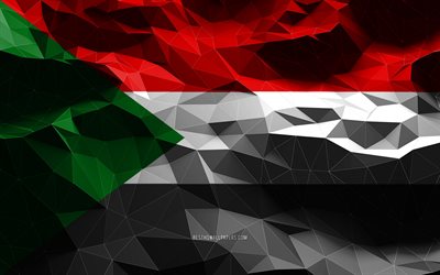 4k, drapeau soudanais, art low poly, pays africains, symboles nationaux, drapeau du Soudan, drapeaux 3D, Soudan, Afrique, drapeau 3D du Soudan