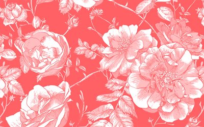 textura retro rosas rojas, 4k, fondo con adornos rosas, fondo rosas rojas, textura rosas, adornos retro rosas, fondo floral retro