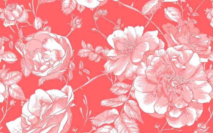 textura retro de rosas vermelhas, 4k, fundo com enfeites de rosas, fundo de rosas vermelhas, textura de rosas, enfeites retro de rosas, fundo floral retro