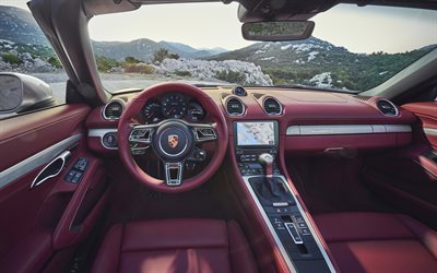2021, Porsche Boxster, 25 Years Edition, interior, dashboard, red leather interior, German sports cars, Porsche