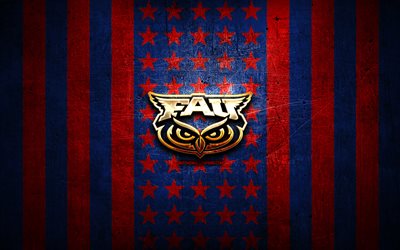 Florida Atlantic Owls flag, NCAA, red blue metal background, american football team, Florida Atlantic Owls logo, USA, american football, golden logo, Florida Atlantic Owls