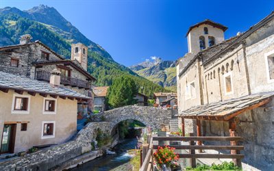 Chianale, aldeia alpina, rio de montanha, paisagem urbana de Chianale, Alpes, paisagem montanhosa, Cuneo, Piemonte, It&#225;lia
