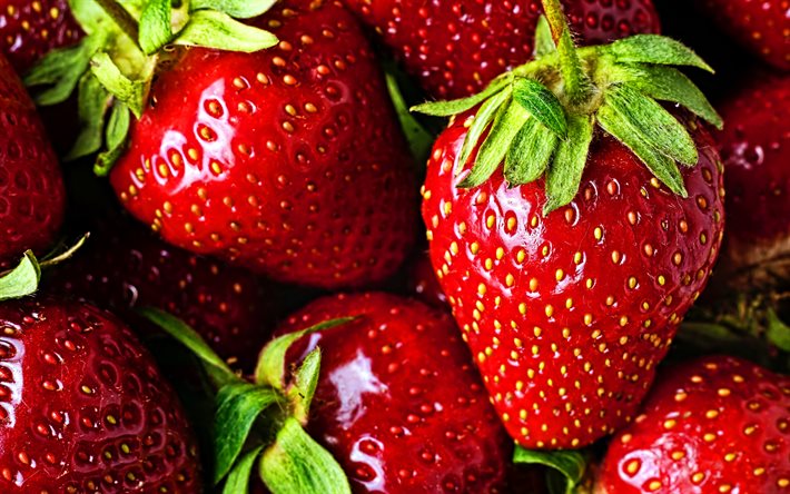 fraise, 4k, macro, baies m&#251;res, fruits frais, vitamines, baies, fruits