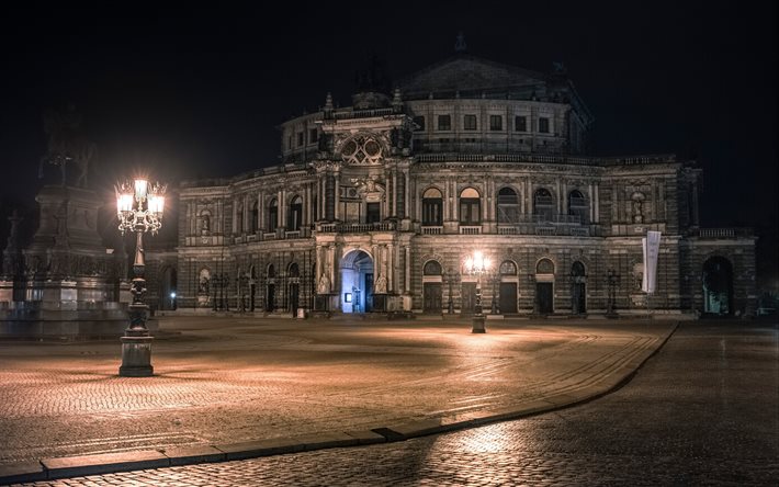 Semperoper, Dresden, opera binası, gece, simgesel yapı, Dresden opera binası, Saksonya, Almanya
