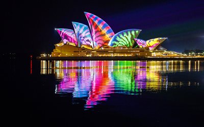دار أوبرا سيدني, 4k, nightscapes, الاسترالي المعالم, المسرح, سيدني, أستراليا